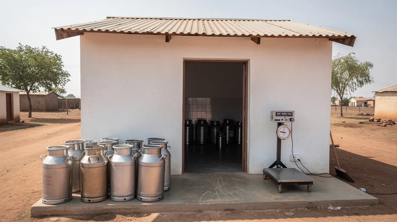 The image depicts a simple rural milk collection centre building, showcasing various milk collection accessories such as stainless steel cans and weighing equipment inside. This facility supports local milk producers by facilitating milk procurement and ensuring quality through milk testing and processing.