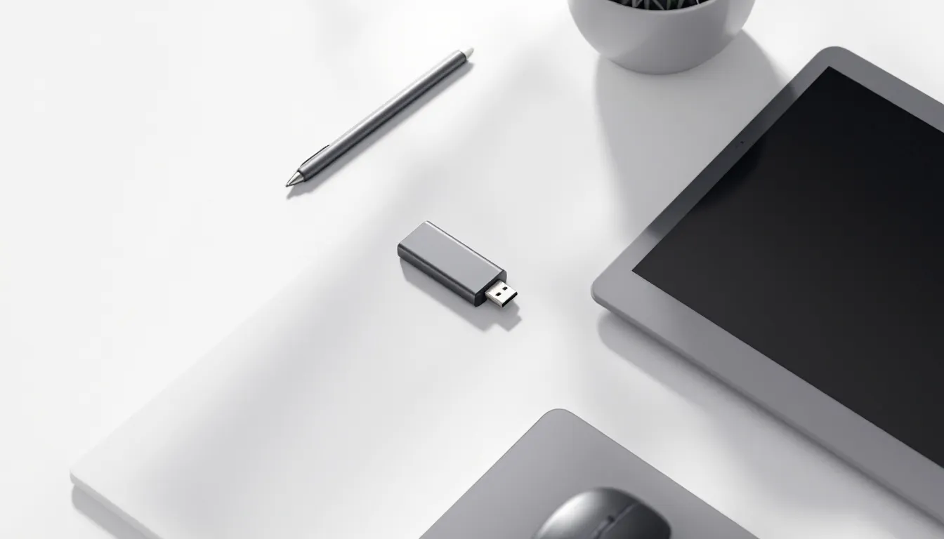 A creative workspace with a USB-C drive and various content creation tools.