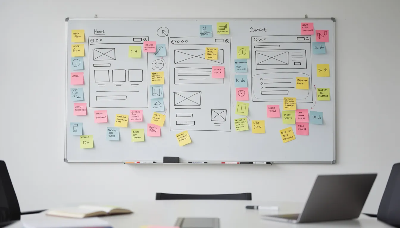The image depicts a whiteboard filled with website wireframes and colorful sticky notes, illustrating a planning session for web development. This visual represents the collaborative efforts of web developers as they outline the website development process and design elements for creating user-friendly web pages.