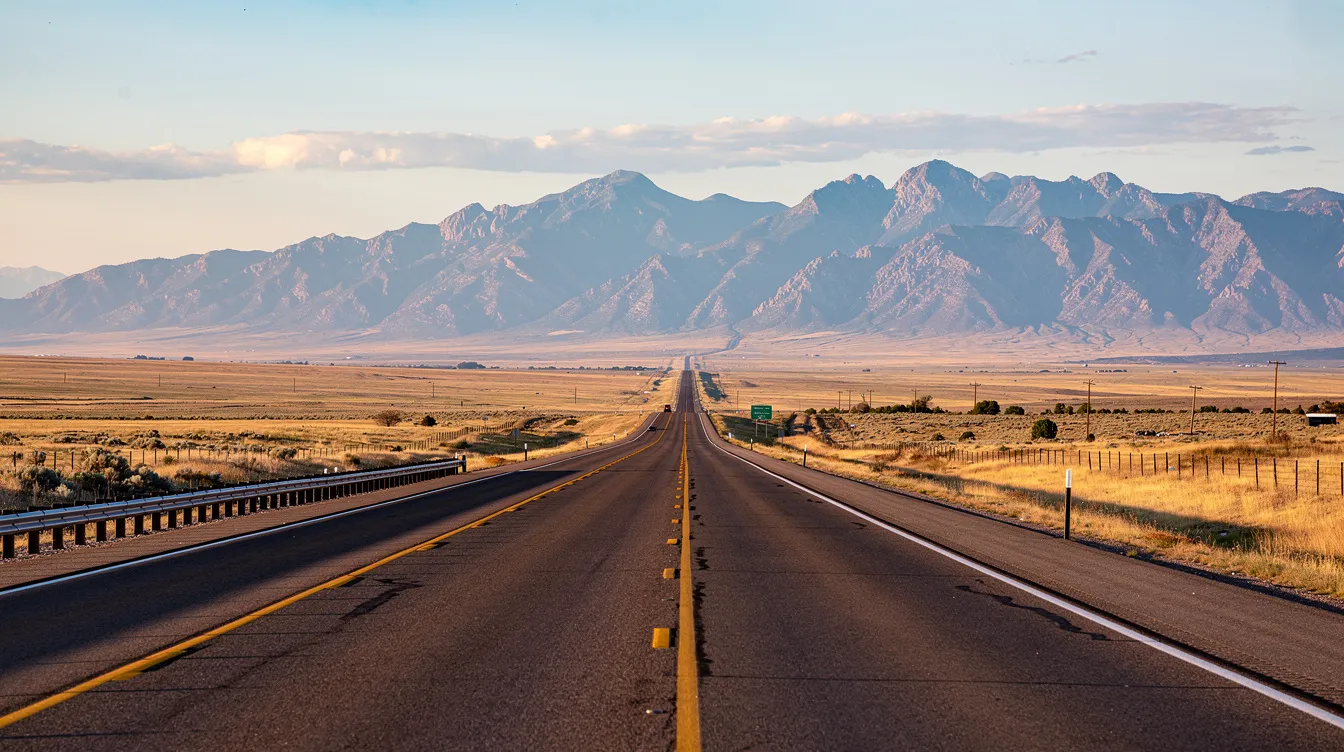 The image depicts a wide Colorado highway meandering through expansive open plains near Pueblo, with majestic mountains visible in the distance. This serene landscape serves as a reminder of the scenic beauty of southern Colorado, where personal injury lawyers in Pueblo are dedicated to helping injured clients seek fair compensation for their medical expenses and lost wages.