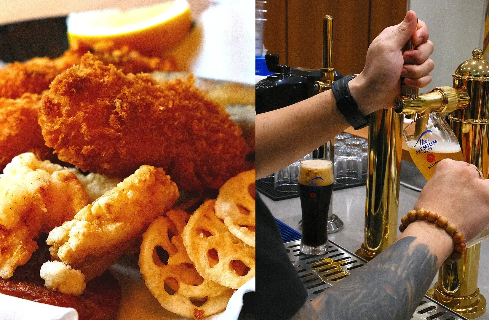 Japanese-style breaded fried food platter with crispy croquettes and vegetables beside a freshly poured beer at a restaurant