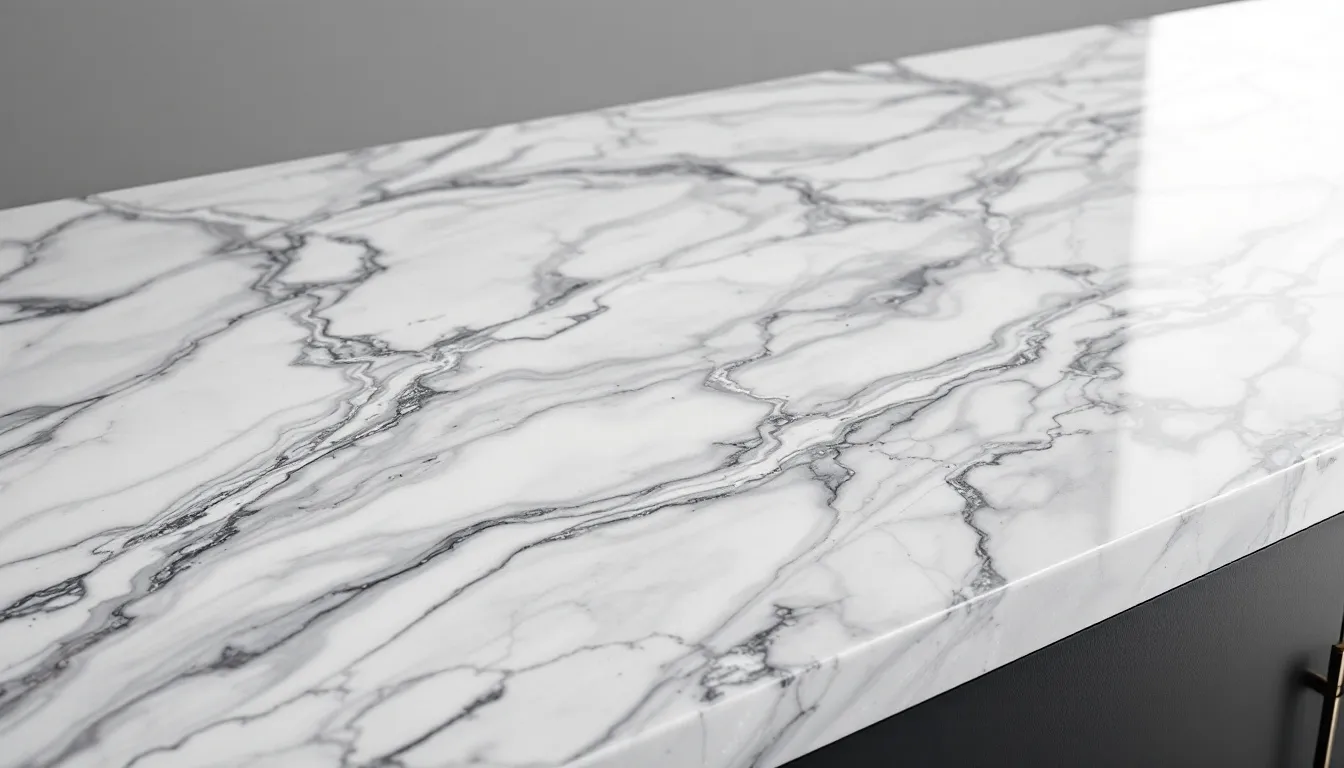 An elegant marble countertop features distinctive natural veining patterns, showcasing the beauty of natural stone in a kitchen setting. This luxurious surface adds a touch of sophistication while being a popular choice among various kitchen countertop materials.
