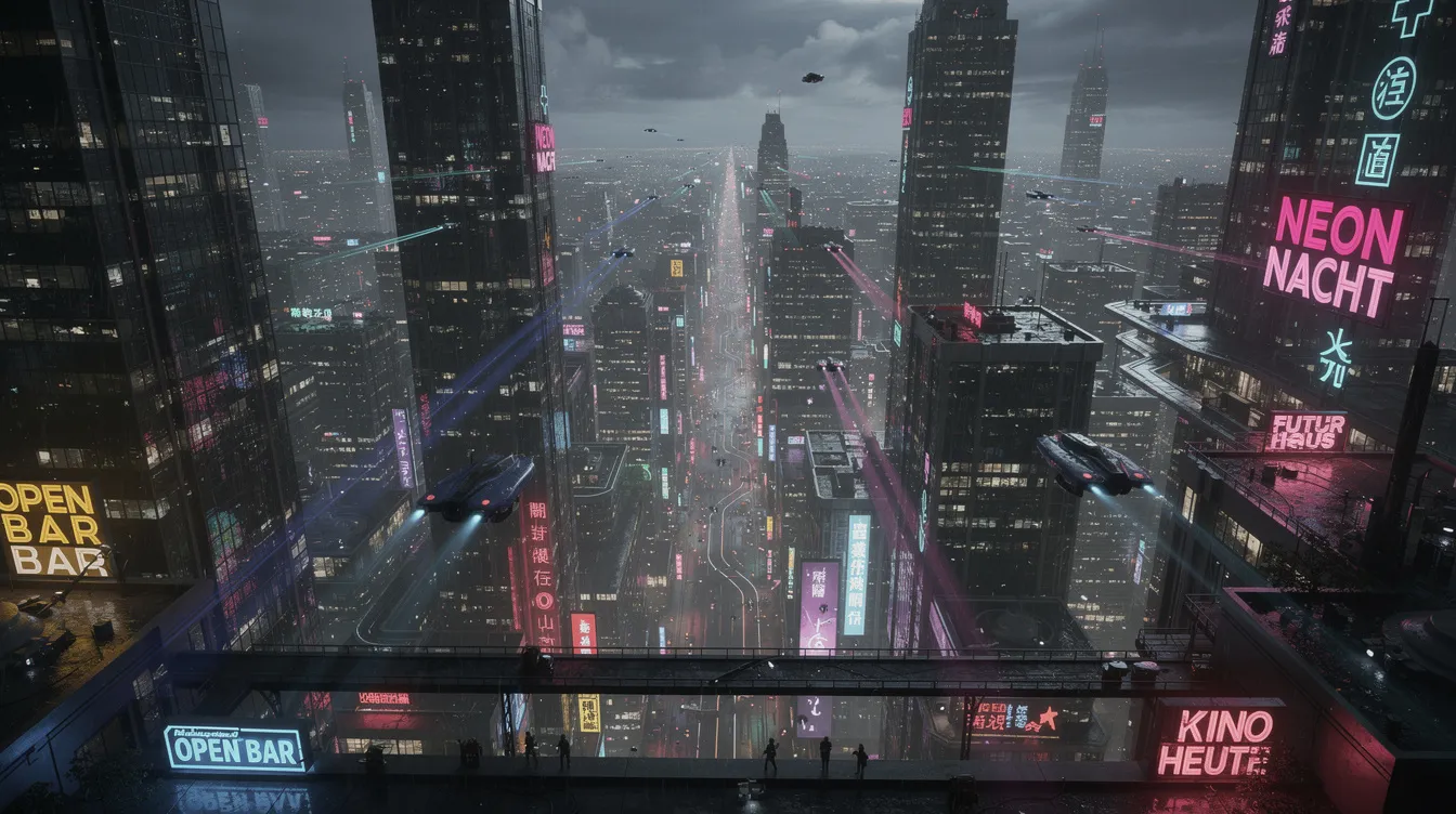 Das Bild zeigt ein Panorama einer nächtlichen Megacity, die von bunten Neonreklamen in verschiedenen Sprachen erleuchtet wird. Fliegende Fahrzeuge gleiten durch die endlosen Gebäudeschluchten, die an die dystopische Vision von Ridley Scotts "Blade Runner" erinnern.