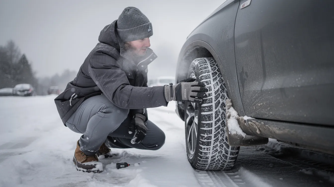 A person is crouched beside a car in winter conditions, inspecting the tire tread depth to ensure it is safe for an upcoming road trip. This exterior check is essential for maintaining proper tire pressure and ensuring a safe driving experience during the colder months.
