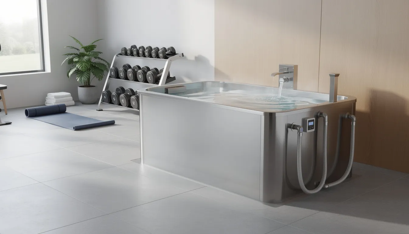 The image shows a clean, well-maintained cold plunge tub in a home gym or wellness space, featuring crystal clear cold plunge water that highlights its excellent water quality. This inviting ice bath setup is designed for optimal filtration, ensuring a refreshing and revitalizing experience for users.
