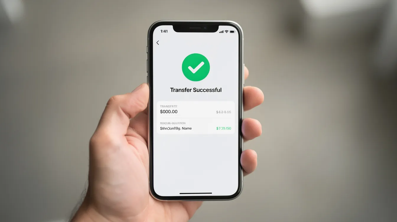 A hand is holding a smartphone that displays a successful money transfer notification from a banking app, indicating the completion of a loan application process. This image illustrates the convenience of online loans and instant approvals, making it easier for users to manage their finances.