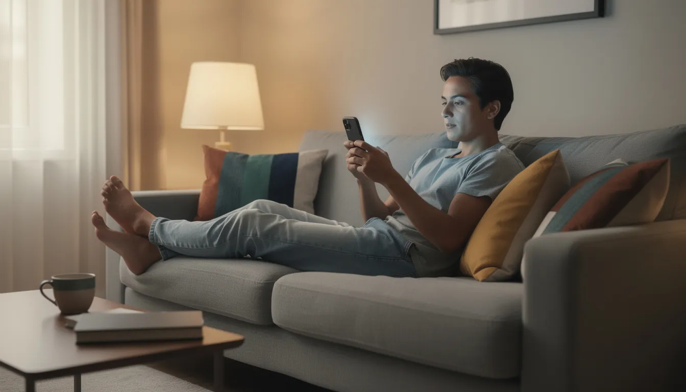 En person sitter avslappnat på en soffa och använder sin smartphone, troligtvis för att spela på jackpotjoy casino eller kolla in olika spel. Rummet känns hemtrevligt och personen ser nöjd ut medan hen navigerar genom appen.