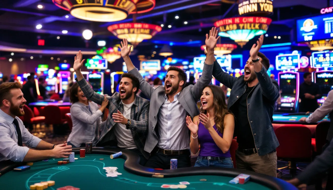 The image captures a group of excited players celebrating their wins at casino tables and engaging in sports betting, showcasing the thrill of casino games and in-play betting. Their joyful expressions highlight the excitement of cash prizes and the camaraderie found in the vibrant atmosphere of the 1win casino.