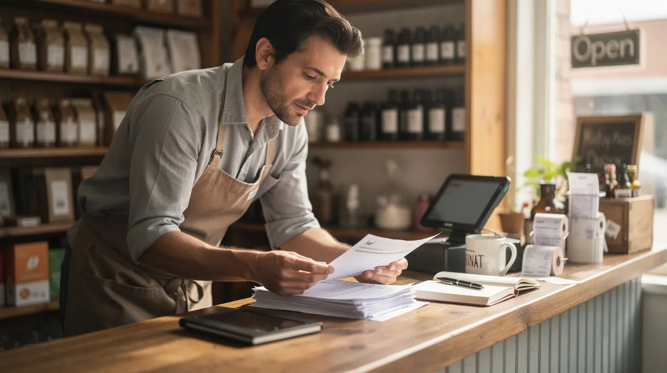 95381129 802f 4d49 8512 57c3652a6fba A small business owner is seated at a shop counter, intently reviewing paperwork that includes documents for a mudra loan application. The setting reflects a typical retail environment, with various items displayed around, emphasizing the importance of maintaining accurate business transactions and financial records.