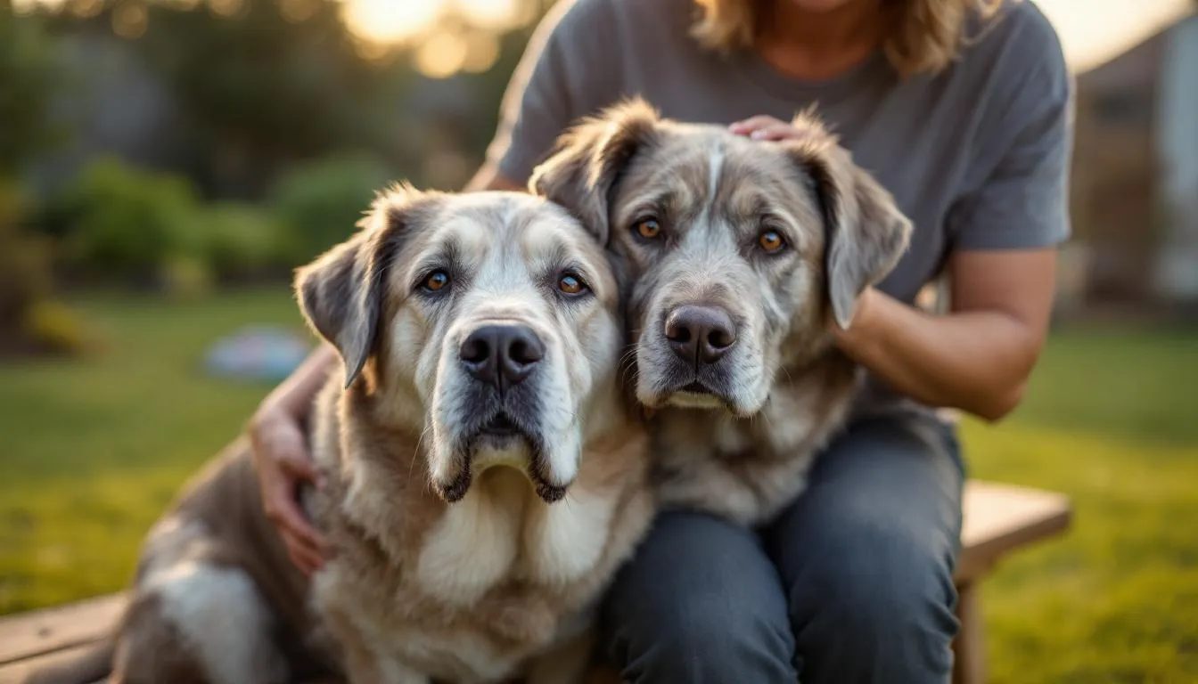 A senior dog with a graying muzzle sits calmly next to its owner, embodying a peaceful companionship that highlights the bond between them. This serene moment reflects the importance of managing anxiety in dogs, especially as they age, showcasing the comfort and support provided by loving dog owners.