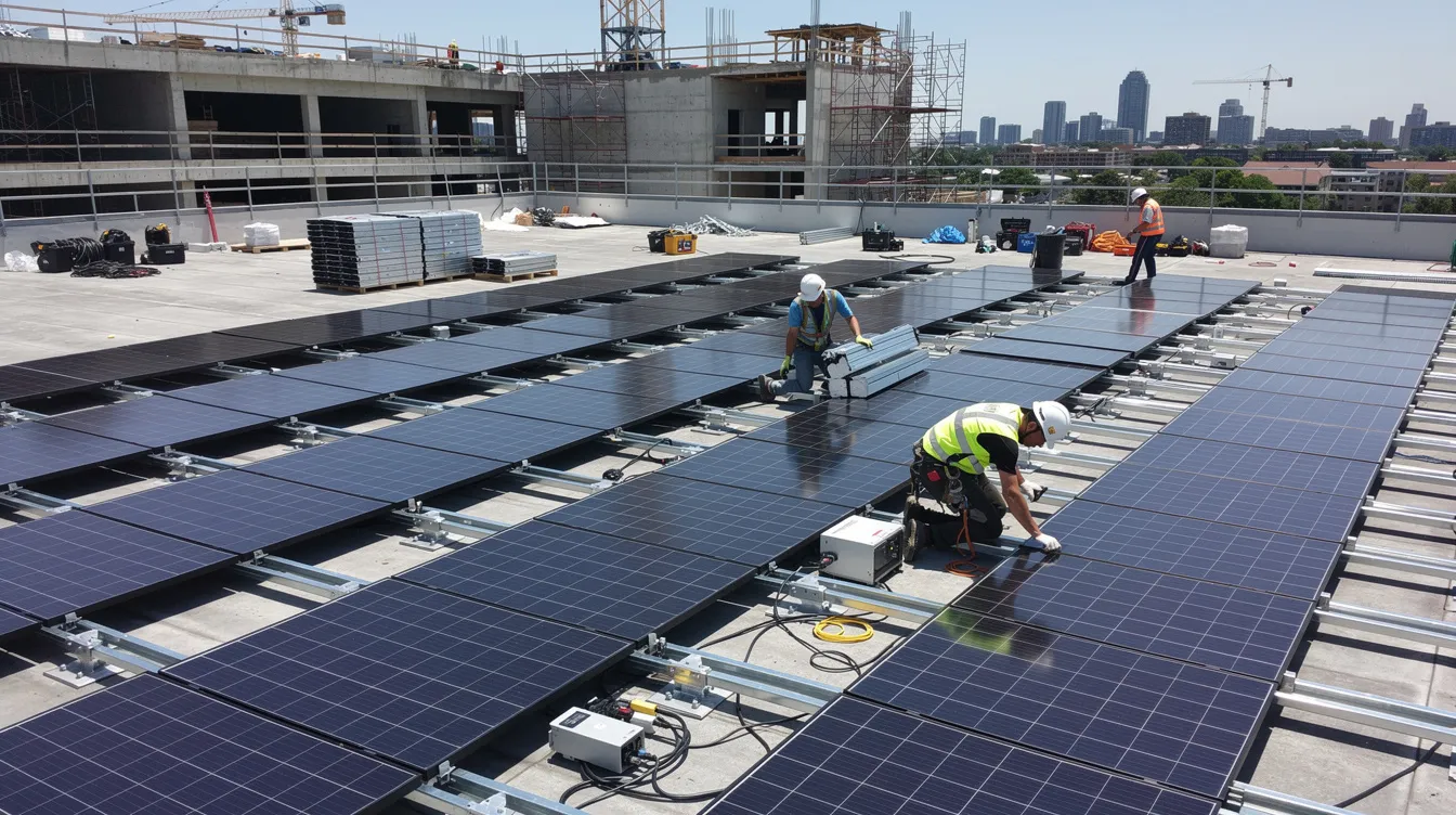 The image shows a commercial rooftop during the construction phase of solar panel installation, highlighting workers carefully installing solar panels as part of a renewable energy system. This project is an investment that may qualify for tax credits under the investment tax credit (ITC), which can significantly reduce the total cost for businesses investing in solar energy.