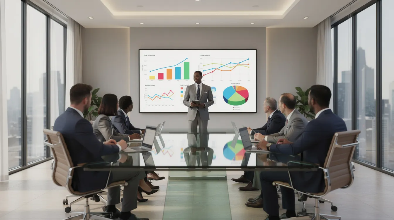A professional is presenting data charts to a boardroom of executives in a modern conference room, illustrating key insights on cybersecurity workforce readiness and the skills gap analysis necessary for effective threat mitigation. The presentation aims to inform strategic decisions for workforce development and training efforts within cybersecurity teams.