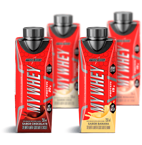 My Whey, na sua versão pronto para beber, em quatro sabores: chocolate, coco, banana e morango. Imagem retirada do site da Integralmédica.