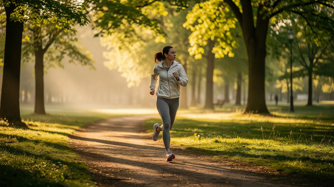 A woman is jogging along a trail in a wooded park, illuminated by the soft morning light. This scene reflects a commitment to physical health, which can positively impact sexual health and improve blood flow, contributing to overall well-being and potentially enhancing sexual desire.