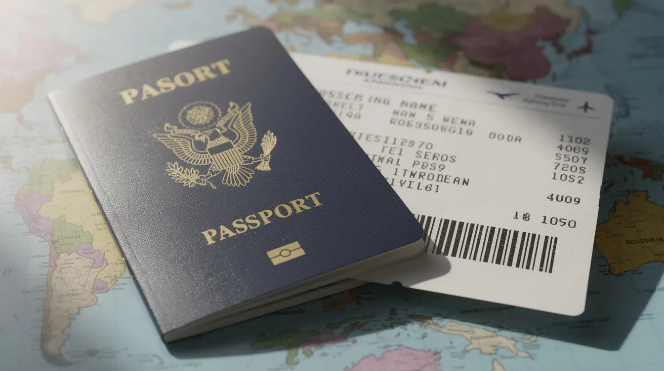 The image features a biometric Spanish passport resting on a world map, accompanied by a boarding pass, symbolizing international travel for Spanish citizens. The passport showcases modern security measures and biometric data, reflecting the importance of proper documentation for travel within the Schengen area.