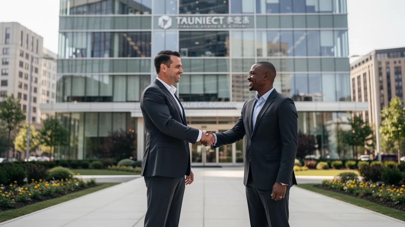 A professional in business attire is shaking hands with a commercial property manager outside a modern office building, symbolizing a successful business partnership. This scene reflects the essence of business development and the importance of strong brand recognition in the world of B2B franchises.