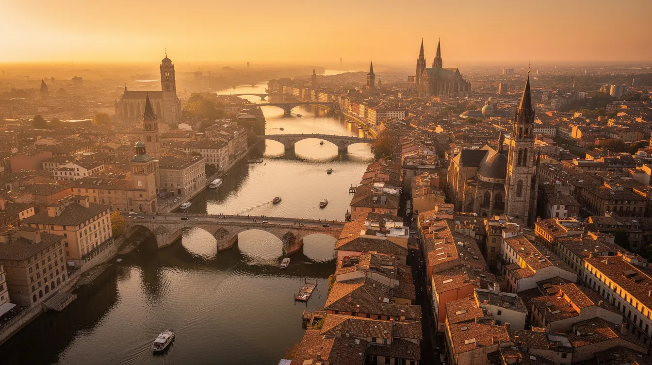 An aerial view captures a historic European city at sunset, showcasing a winding river, elegant bridges, and charming orange rooftops. The scene evokes a sense of tranquility and beauty, perfect for those searching for the best flight deals to Austria.