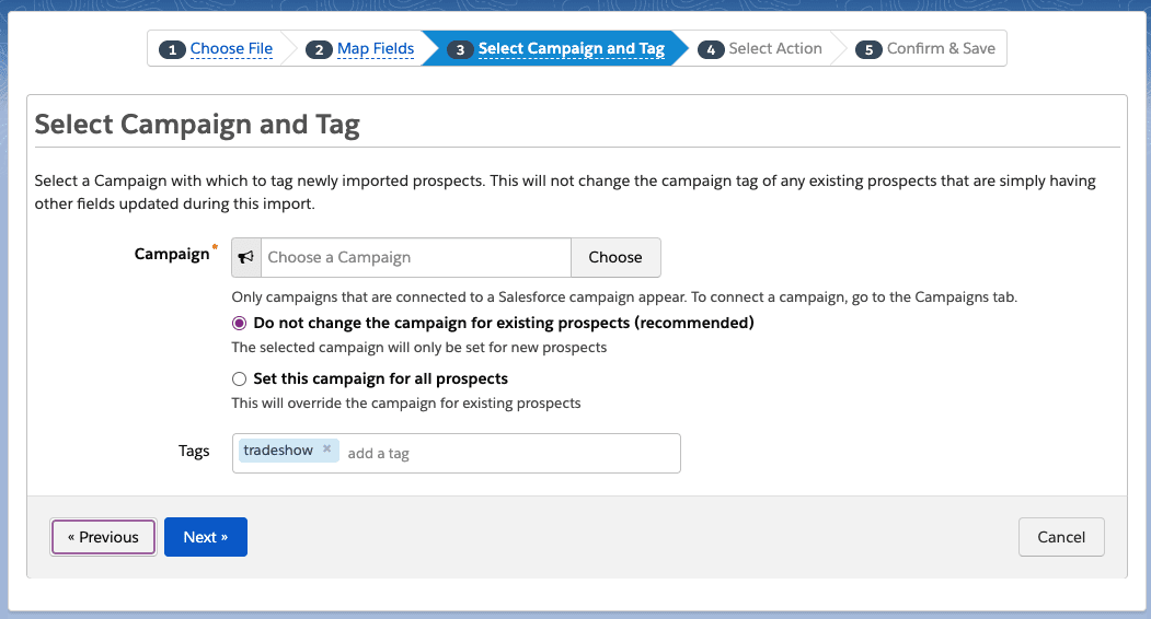 select a pardot campaign and tag during the import process