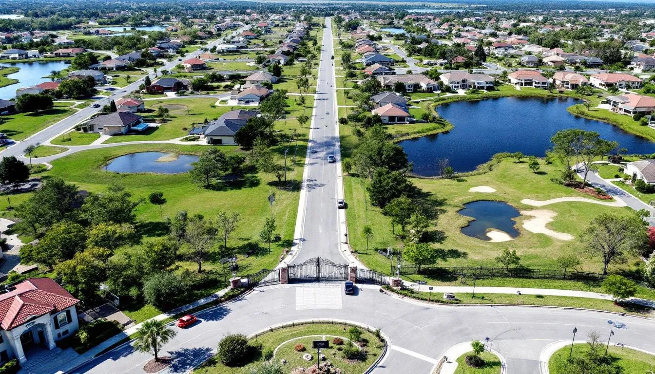 An aerial view of Cinnamon Cove showcases the gated entrance, serene lakes, and the well-planned layout of the community, highlighting amenities such as swimming pools and tennis courts. This picturesque scene reflects the charm of real estate in Cinnamon Cove, located in Fort Myers, FL.