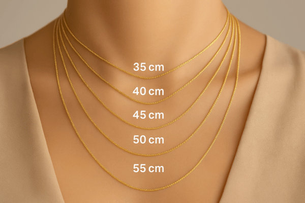 Skirtingi auksiniu grandineliu ilgiai nuo 35 cm iki 55 cm