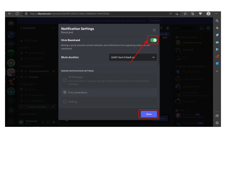 Mute server button on Discord