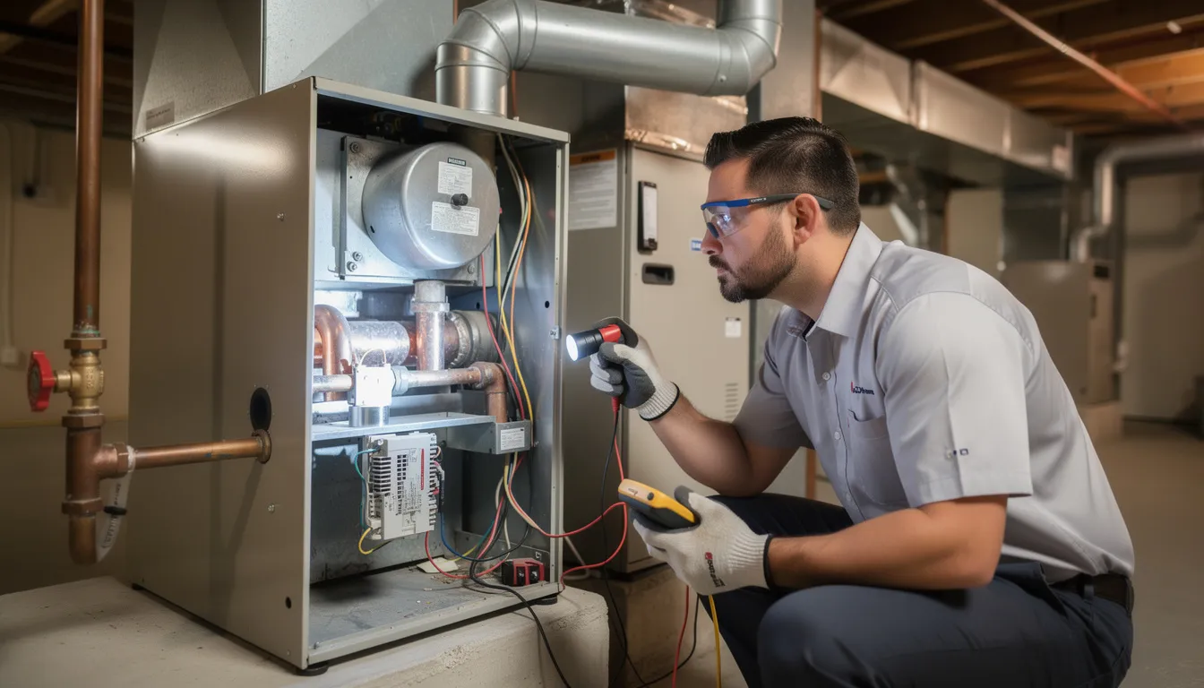 furnace tune up being performed by HVAC technician in Michigan home