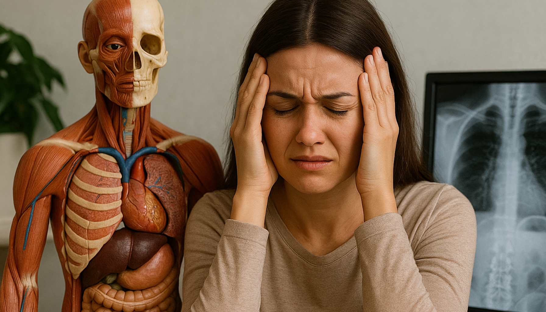 Kvinne med hodepine holder hodet med begge hender. Anatomisk modell og røntgenbilde i bakgrunnen viser stressets fysiske påvirkning.