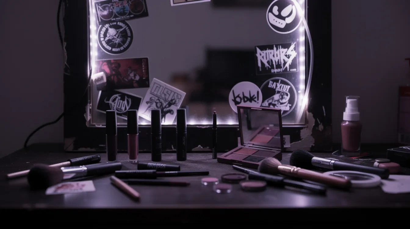 A moody vanity setup adorned with dark makeup products and band stickers on a mirror, all illuminated by soft purple lighting that creates an emo vibe. This emo space reflects a blend of dark aesthetics and raw emotion, perfect for fans of the emo scene.