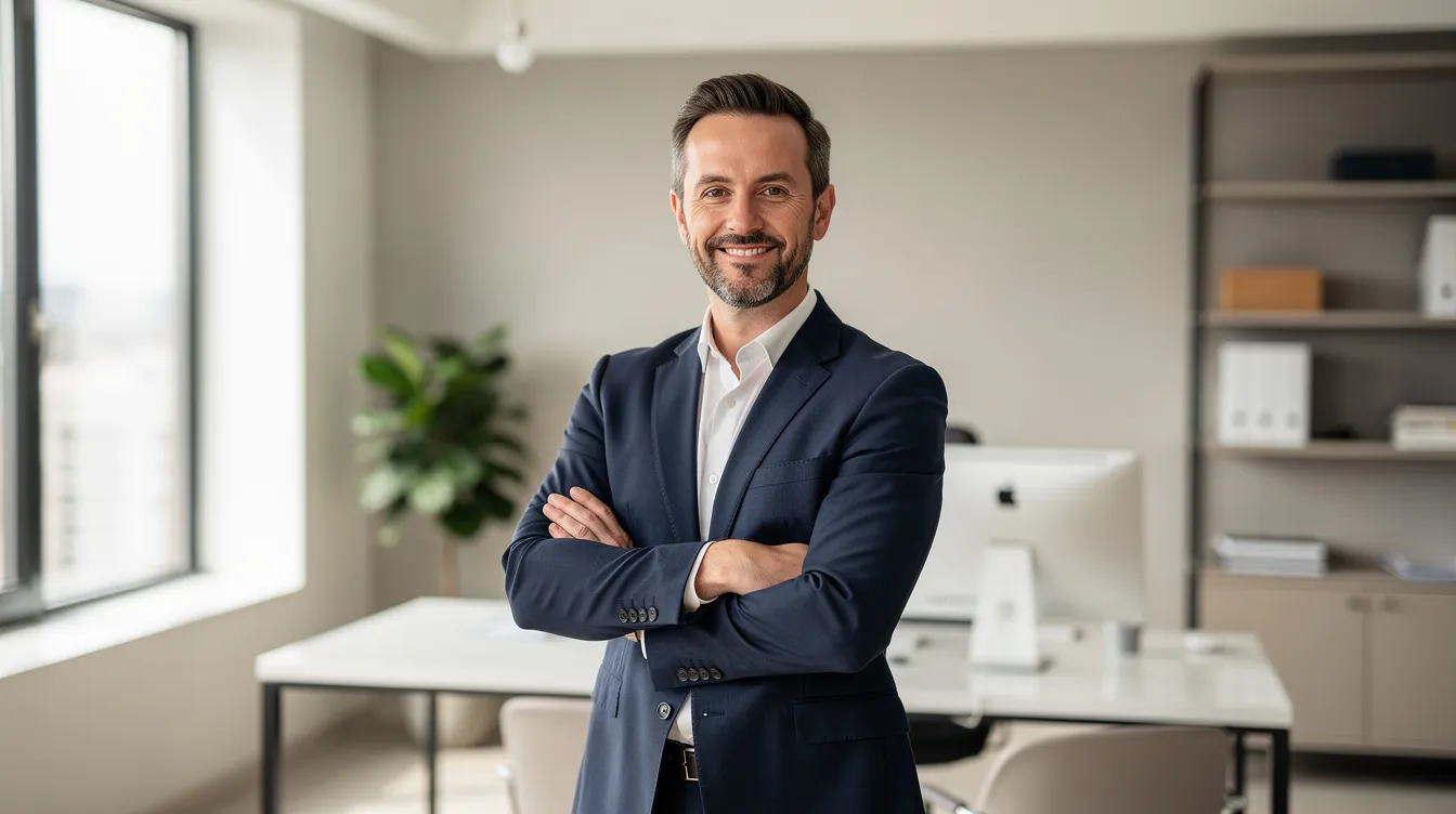 A confident and committed small business owner in a leaderhip role stands in a modern office, looking directly at the camera with a sense of success. The image captures the essence of professionalism and ambition, reflecting the key advantages of business financing with less documentation requirements on a short term basis over other types of funding like personal loans.