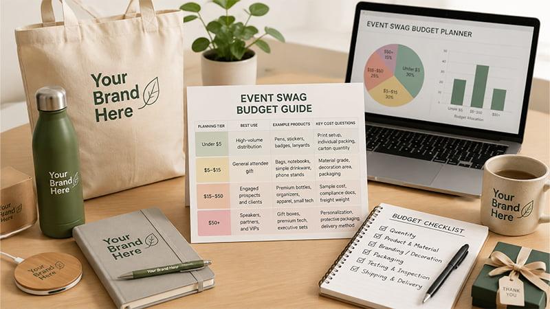 Event swag budget planning guide with promotional product categories, cost ranges, and corporate giveaway selection checklist