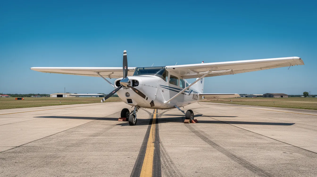 A small single-engine airplane is parked on a sunny runway, with a clear blue sky overhead, symbolizing the beginning of an aviation career for prospective pilots. This setting highlights the importance of flight training and the costs involved in obtaining a private pilot license.