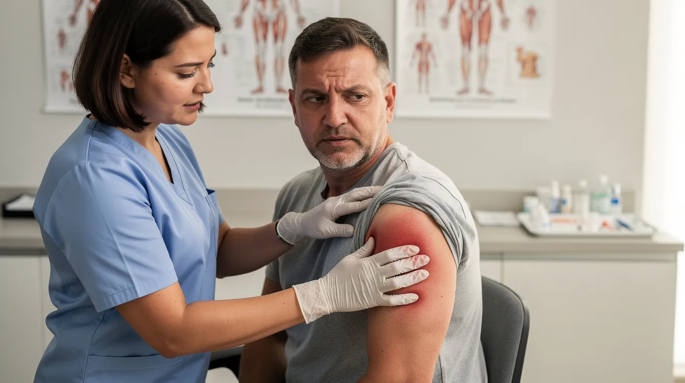 A medical professional is examining an injured worker's shoulder, assessing the extent of the injury related to a workplace incident. This consultation is part of the ongoing medical treatment necessary for the worker's compensation claim, ensuring the injured employee receives the appropriate care and guidance towards maximum medical improvement.