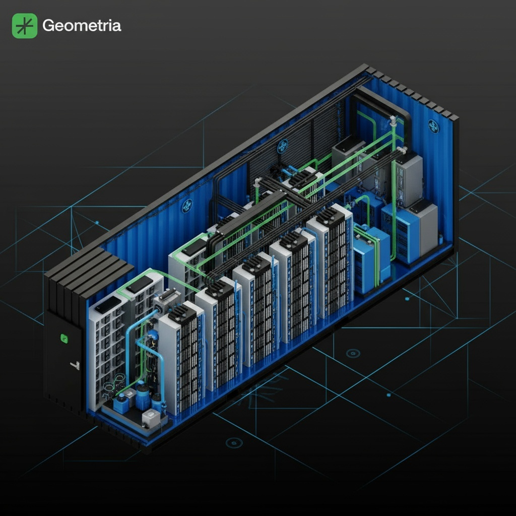 комплектацию Майнинг контейнер Geometria G120 для размещения ASIC майнеров с системой охлаждения на промышленной площадке