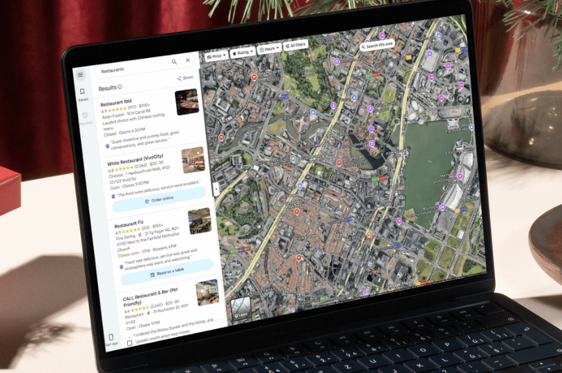 A laptop screen displaying Google Maps search results for restaurants in Singapore, showing various local listings, ratings, and map pins to illustrate Local SEO performance.