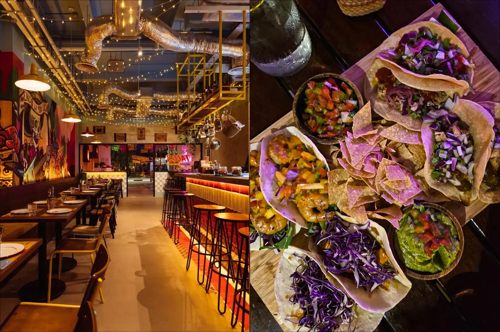Split image of Papi's Tacos dining scene, left showing a wide-angle interior of a vibrant restaurant with long wooden tables, bar seating, string lights, and murals, and right displaying a top-down view of assorted Asian dishes including tacos, dips, and sharing plates.