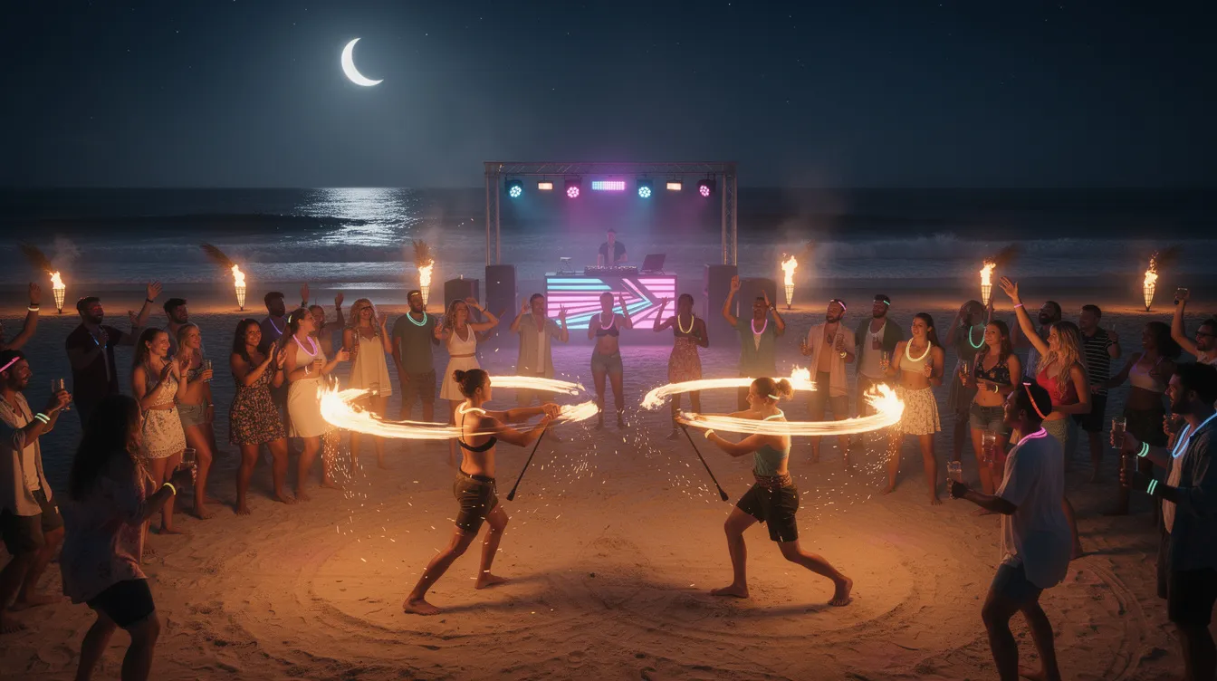 A vibrant beach party scene at night on Haad Rin Beach in Koh Phangan, featuring crowds of party-goers dancing on the golden sands while fire performers create mesmerizing displays. The atmosphere is filled with energy, illuminated by torches and the moonlight, embodying the spirit of the famous Full Moon Party on this tropical paradise island.