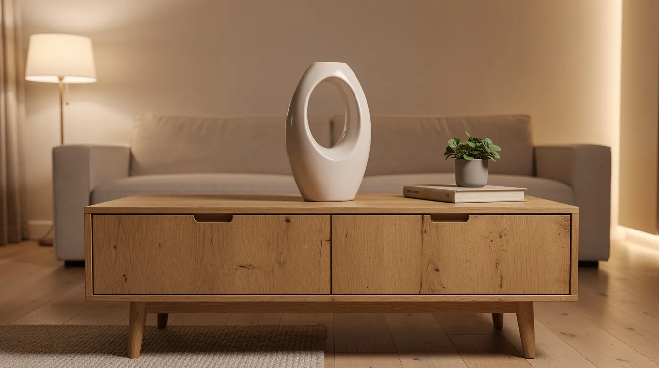 In de woonkamer staat een keramisch beeld op een houten dressoir, omringd door zachte verlichting die een warme sfeer creëert. Op de achtergrond is een neutrale bank zichtbaar, wat bijdraagt aan de visuele balans en een unieke sfeer in het interieur.