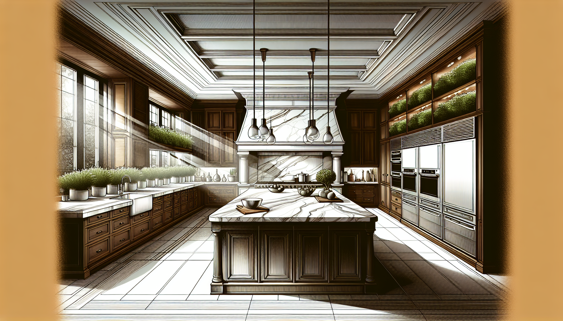 A kitchen layout with space for a large island