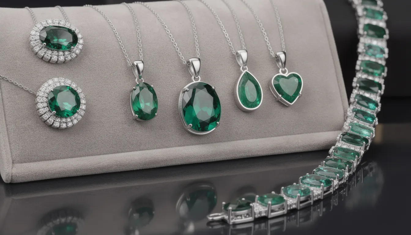 The image showcases a selection of elegant silver necklaces featuring stunning emerald pendants in various classic styles, including solitaire and halo settings. Each necklace highlights the vibrant green of the emeralds, beautifully complemented by the shine of sterling silver, making them perfect for both everyday wear and special occasions.