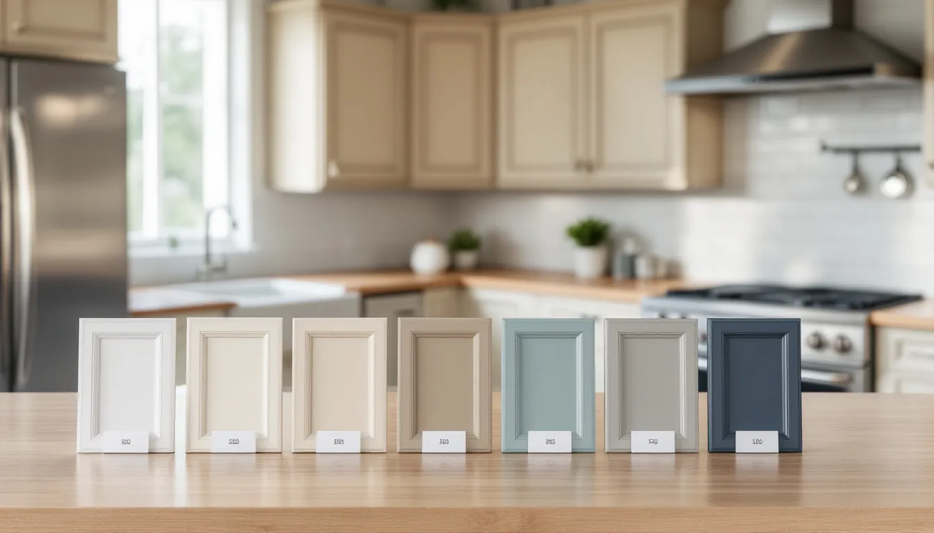 The image depicts a color consultation process featuring various cabinet door samples displayed under kitchen lighting, showcasing different paint finishes for kitchen cabinets. The samples highlight the texture and color options available for painting kitchen cabinets, emphasizing the importance of lighting in selecting the perfect shade.