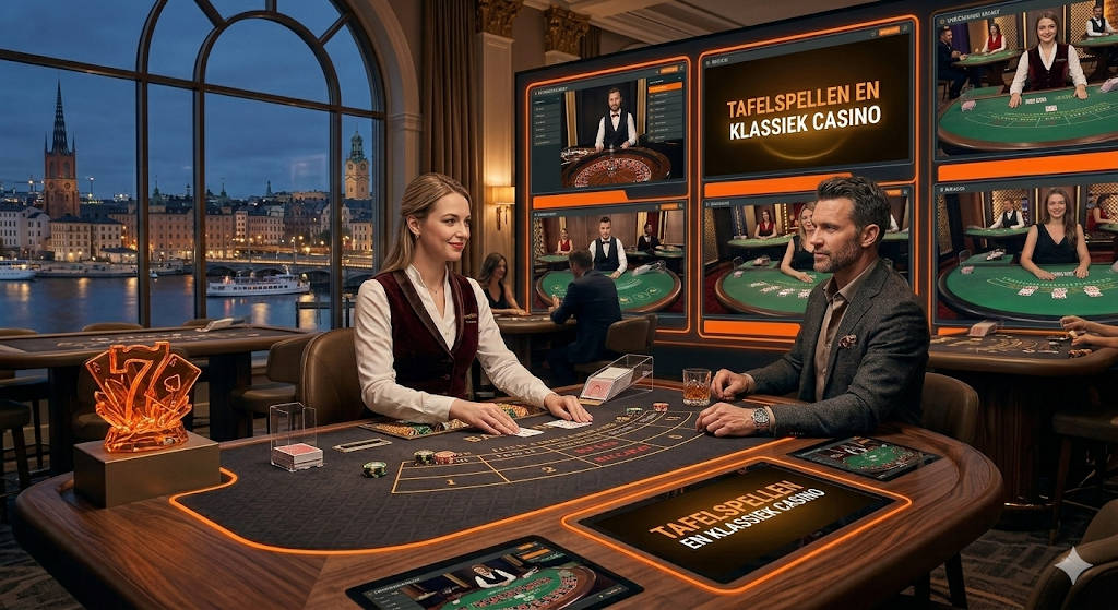 Speler die tafelspellen speelt in een live casino met echte dealer, zoals blackjack en roulette bij online casino’s in Nederland met live casino tafels.