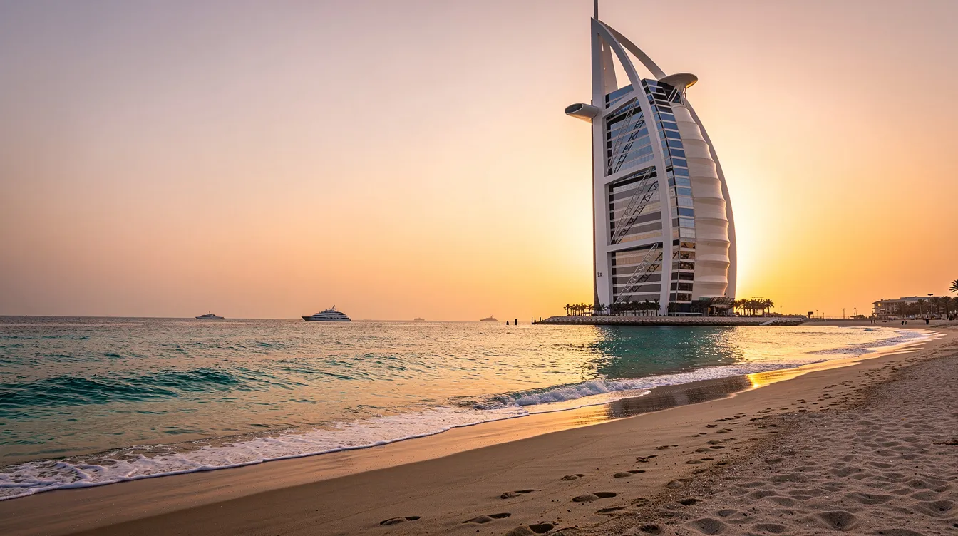 A imagem mostra o icônico Burj Al Arab em Dubai, um luxuoso hotel em forma de vela que se destaca na costa do Golfo Pérsico. Este símbolo dos Emirados Árabes Unidos é cercado por águas azuis e é um dos principais atrativos turísticos da cidade.