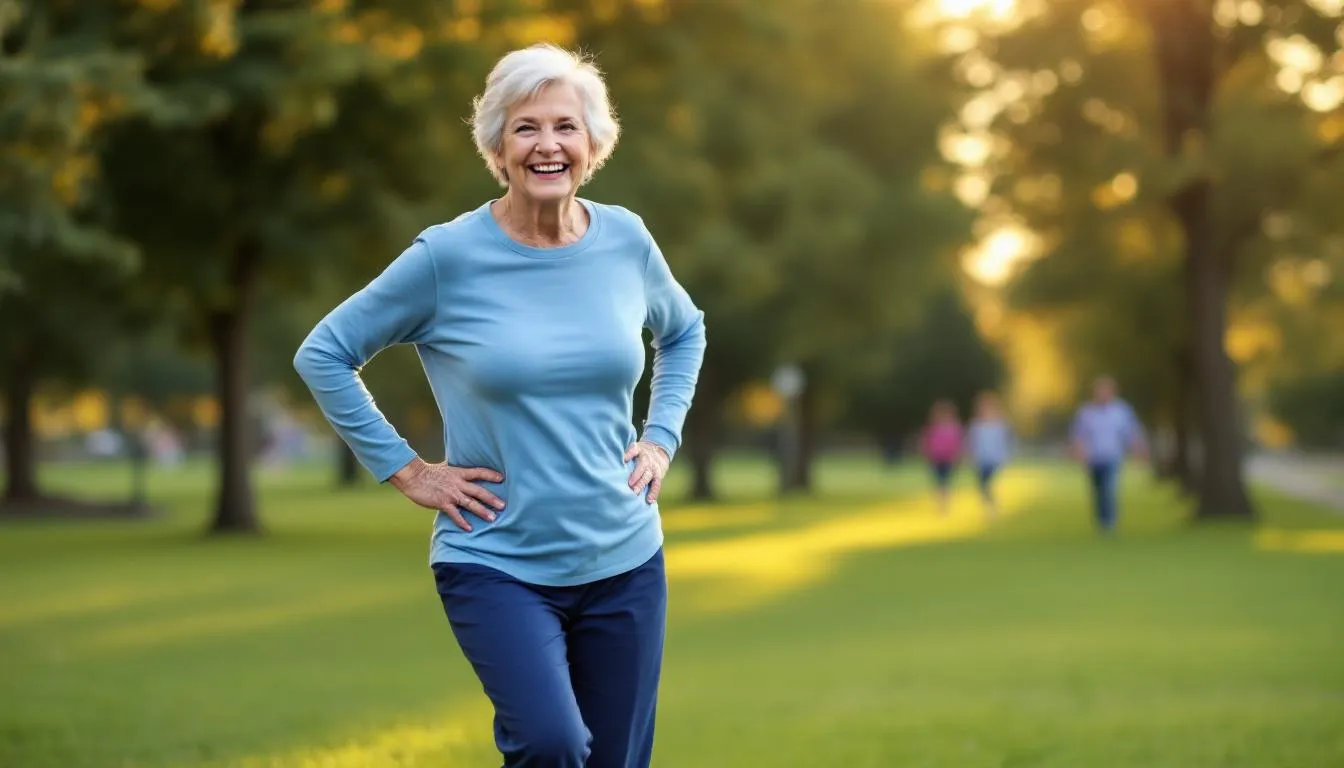An elderly person smiles while demonstrating improved knee mobility, showcasing their ability to move freely after using the Nooro knee massager, which helps alleviate knee pain and discomfort through soothing heat and red light therapy. This image highlights the positive impact of consistent use of knee massagers on joint health and mobility.