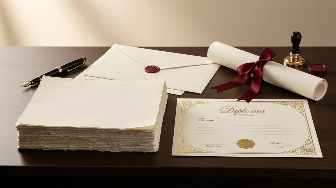 The image features a stack of premium parchment paper alongside various diploma materials, showcasing high-quality items suitable for creating authentic looking diplomas. This collection includes options for high school diplomas, college diplomas, and custom diploma designs, highlighting the attention to detail and premium materials used in their production.