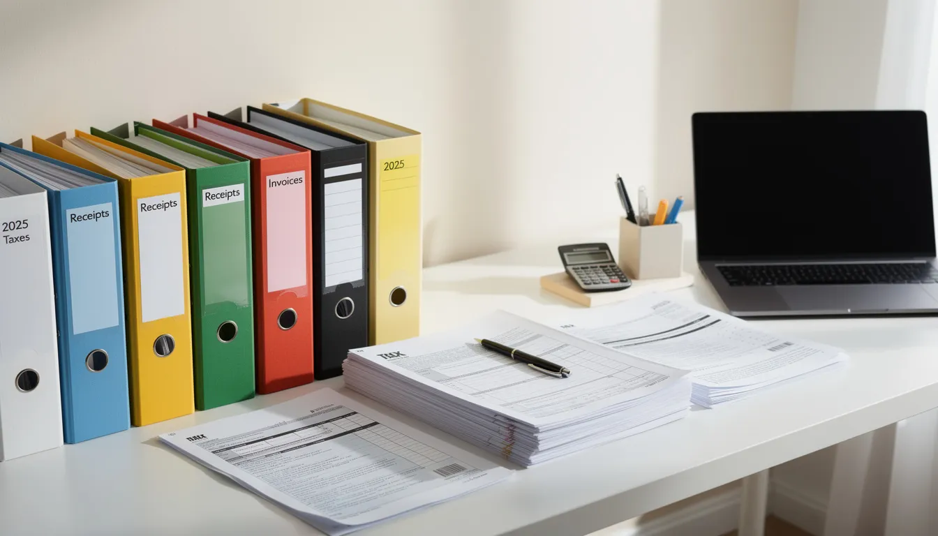 The image shows a clean desk with neatly organized file folders and tax documents, highlighting important papers related to rental properties and self-employment tax. These documents may include records for reporting rental income and expenses, essential for property owners managing short-term rentals.