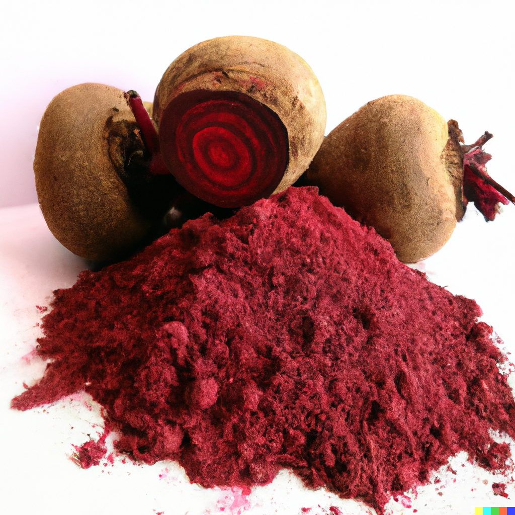 a photo of a red beetroot next to a pile of red beetroot powder