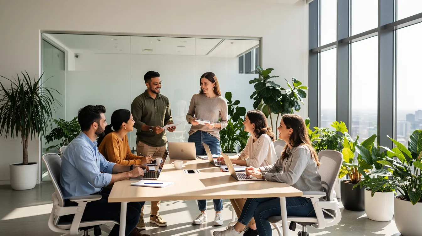 Une équipe dynamique se réunit dans un bureau moderne, entourée de plantes vertes et baignée de lumière naturelle, illustrant l'importance de l'équilibre entre vie professionnelle et vie personnelle pour le bien-être des employés. Ce cadre collaboratif favorise la santé mentale et la productivité, tout en soulignant les enjeux du développement personnel au travail.