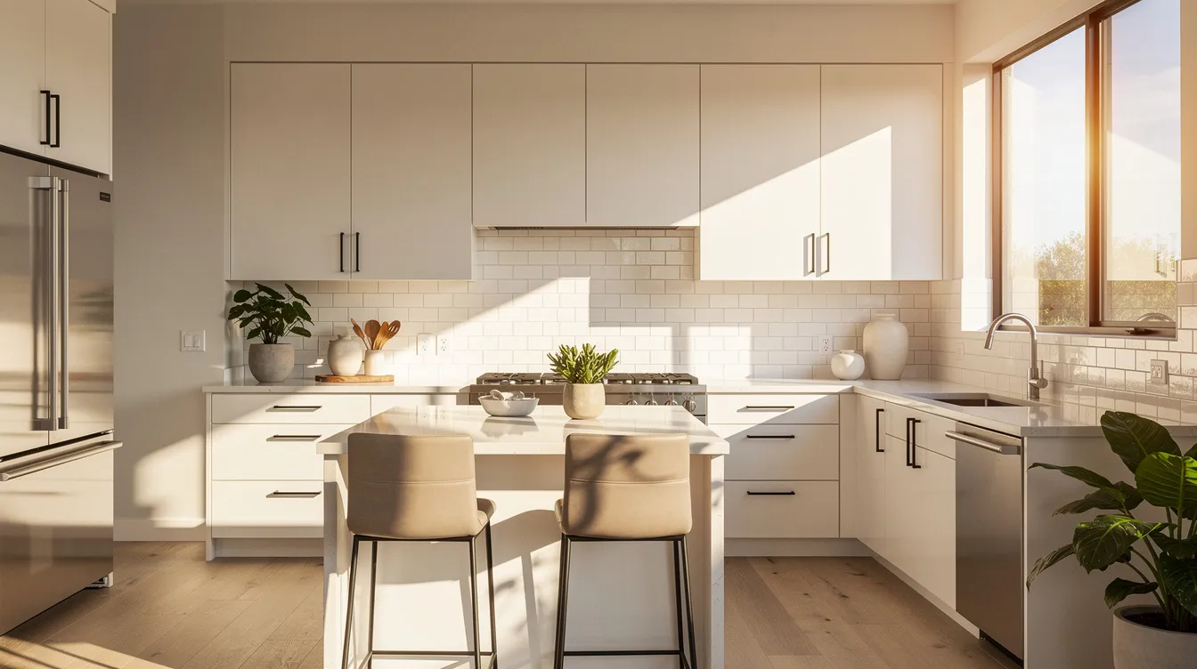 The image depicts a modern Los Angeles kitchen featuring sleek white cabinets and a clean tile backsplash that reflects natural sunlight, creating a bright and inviting atmosphere. The backsplash area showcases a contemporary design with minimal grout lines, enhancing the overall kitchen style and visual interest.