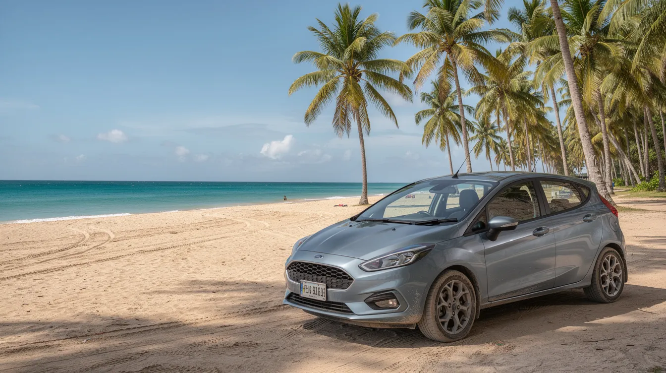 Un'auto compatta parcheggiata vicino a una spiaggia sabbiosa con palme.