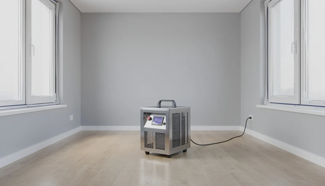 An ozone generator machine sits in an empty room with sealed windows, ready to eliminate odors such as smoke smell and cigarette smoke through the release of ozone gas. This efficient solution works at the molecular level to remove odor molecules and disinfect the air in the living space.
